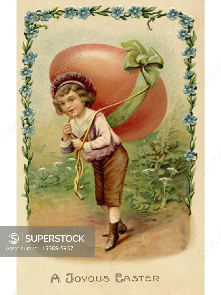 A vintage Easter postcard of a child with a large egg on his back