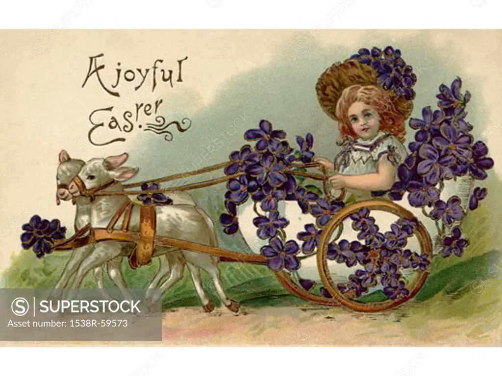 A vintage Easter postcard of a girl riding in a wagon full of violets being pulled by two lamb