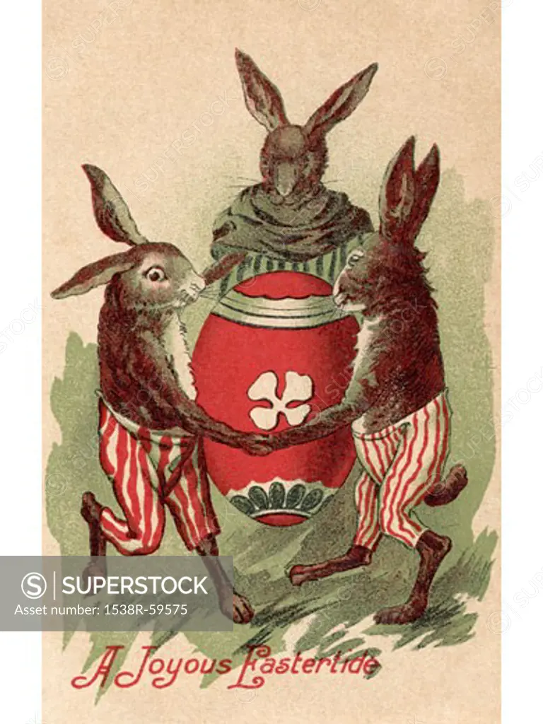 A vintage Easter postcard of three rabbits dancing around a painted egg