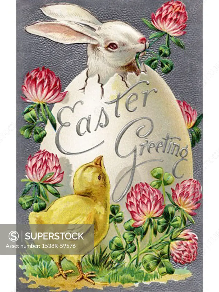 A vintage Easter postcard of a chick looking at a rabbit hatching from an egg