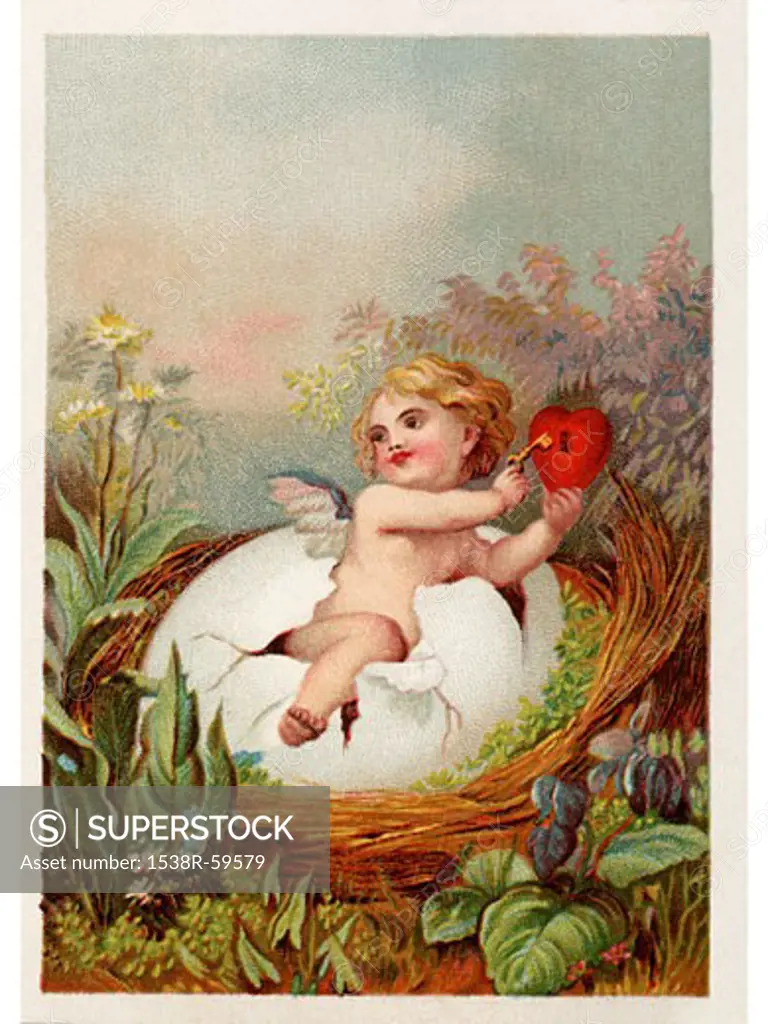 A vintage Easter postcard with a cherub holding a key and heart breaking out of an egg