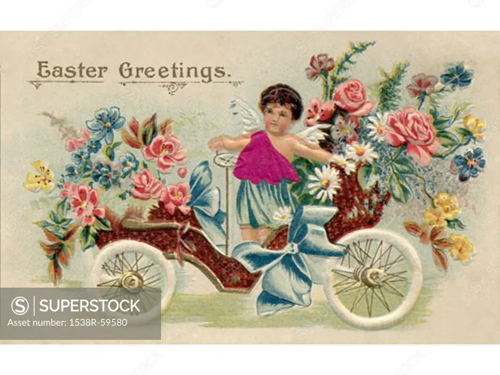A vintage Easter postcard with a cherub riding an antique car full of flowers