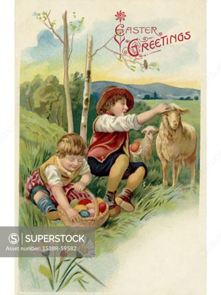 A vintage Easter postcard of two boys on an Easter egg hunt