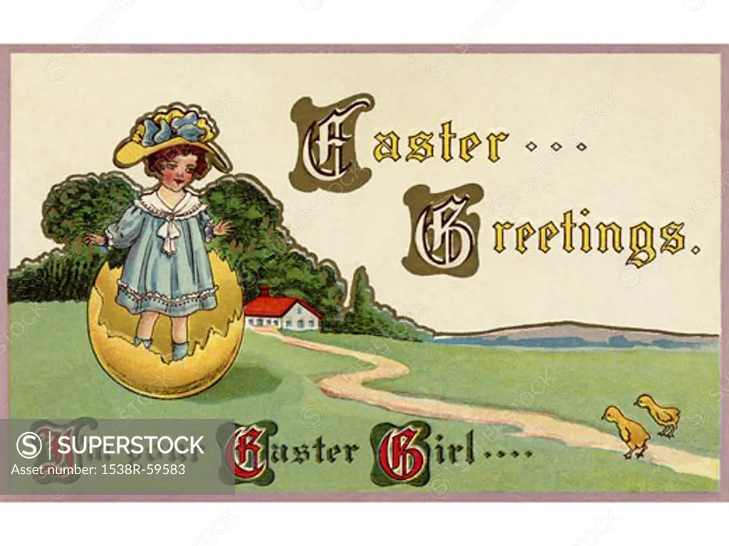 A vintage Easter postcard of a little girl coming out of an Easter egg