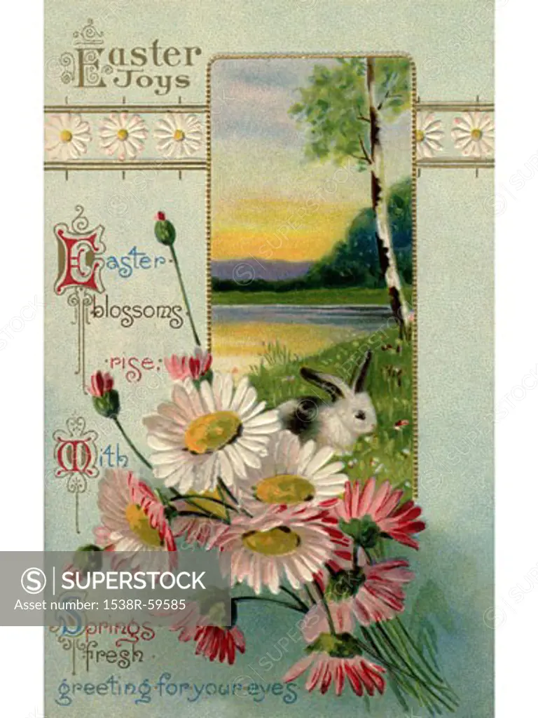 A vintage Easter postcard of a bunny in a field and spring flowers