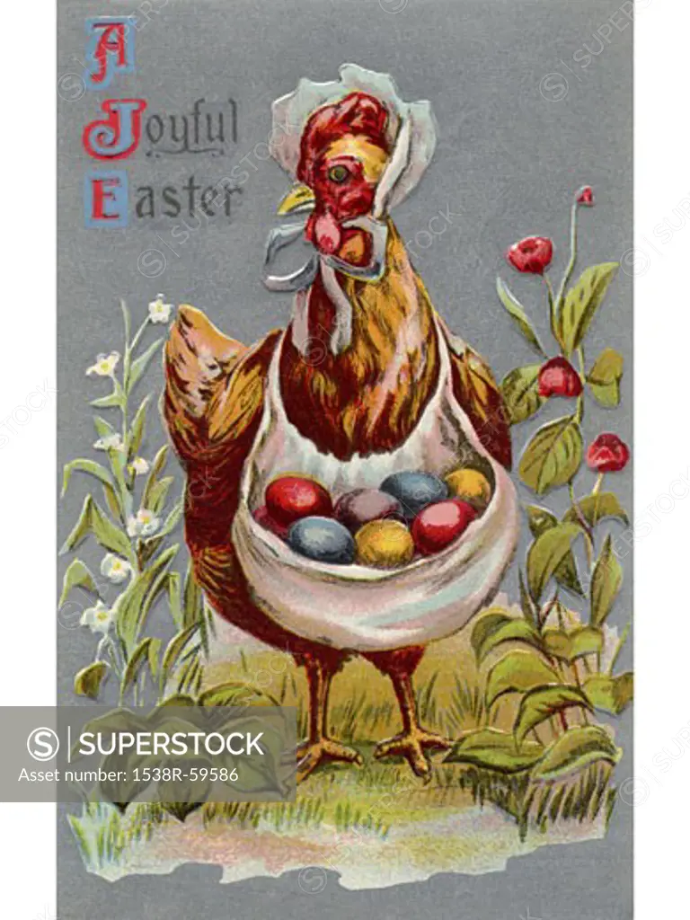 A vintage Easter postcard of a hen carrying colored Easter eggs