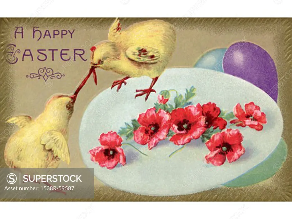 A vintage Easter postcard of two chicks fighting over a worm, poppies and balloons