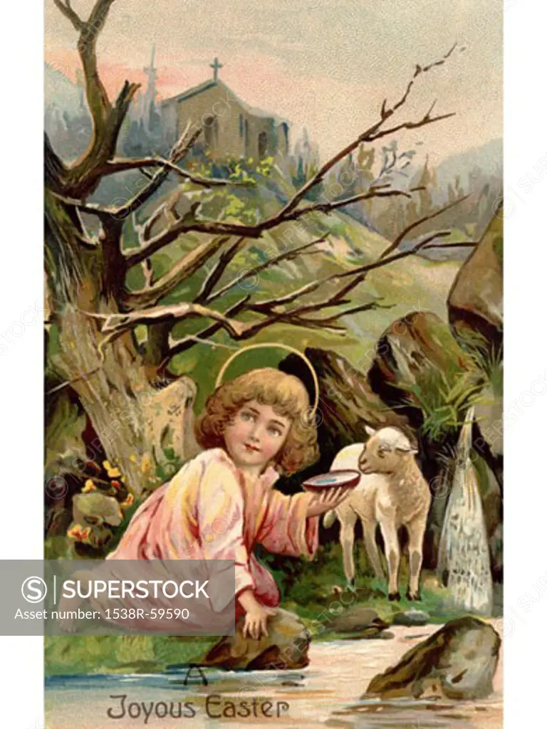 A vintage Easter postcard of a little angel with a lamb by the river with a church in the background