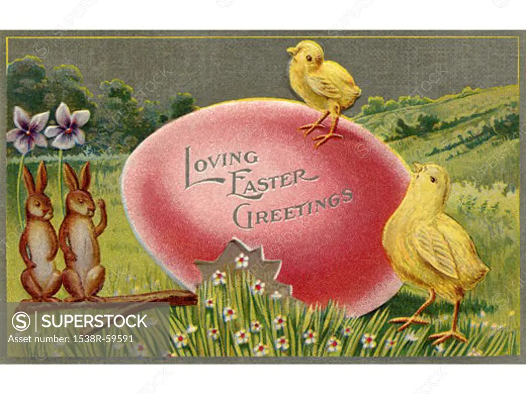 A vintage Easter postcard of chicks and rabbits on an Easter egg