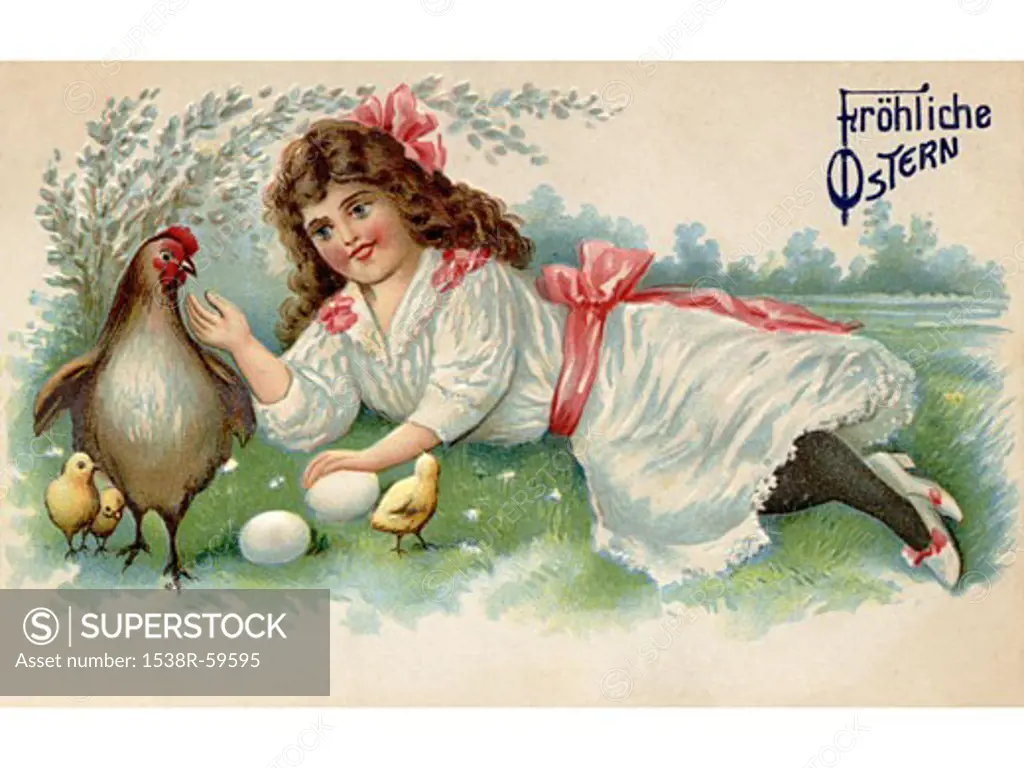 A vintage Easter postcard of a girl with a hen, chicks and eggs on a farm