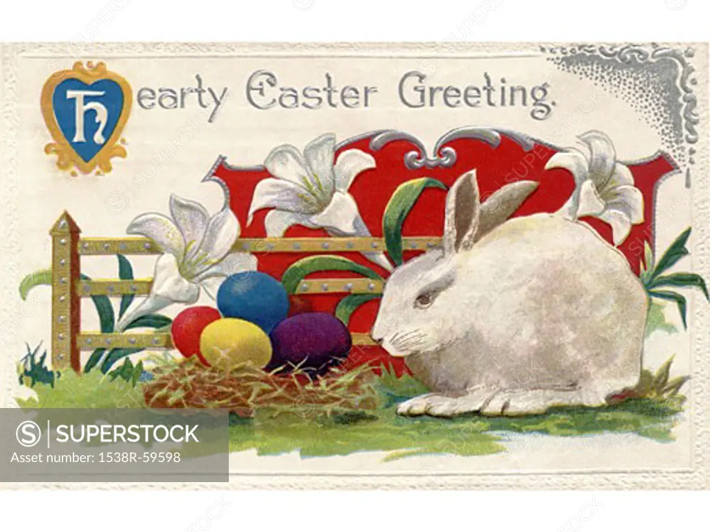 A vintage Easter postcard of lilies, a white rabbit and Easter eggs