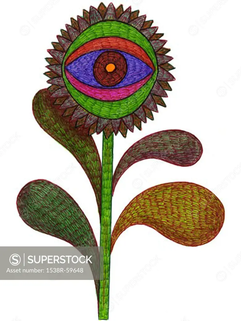 A hand drawn illustration of a flower with an eye