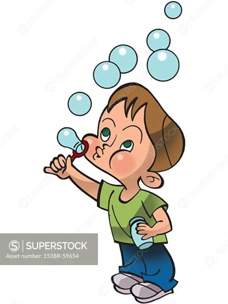 A young boy blowing bubbles