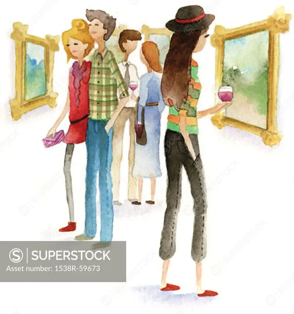A watercolor illustration of people at an art opening