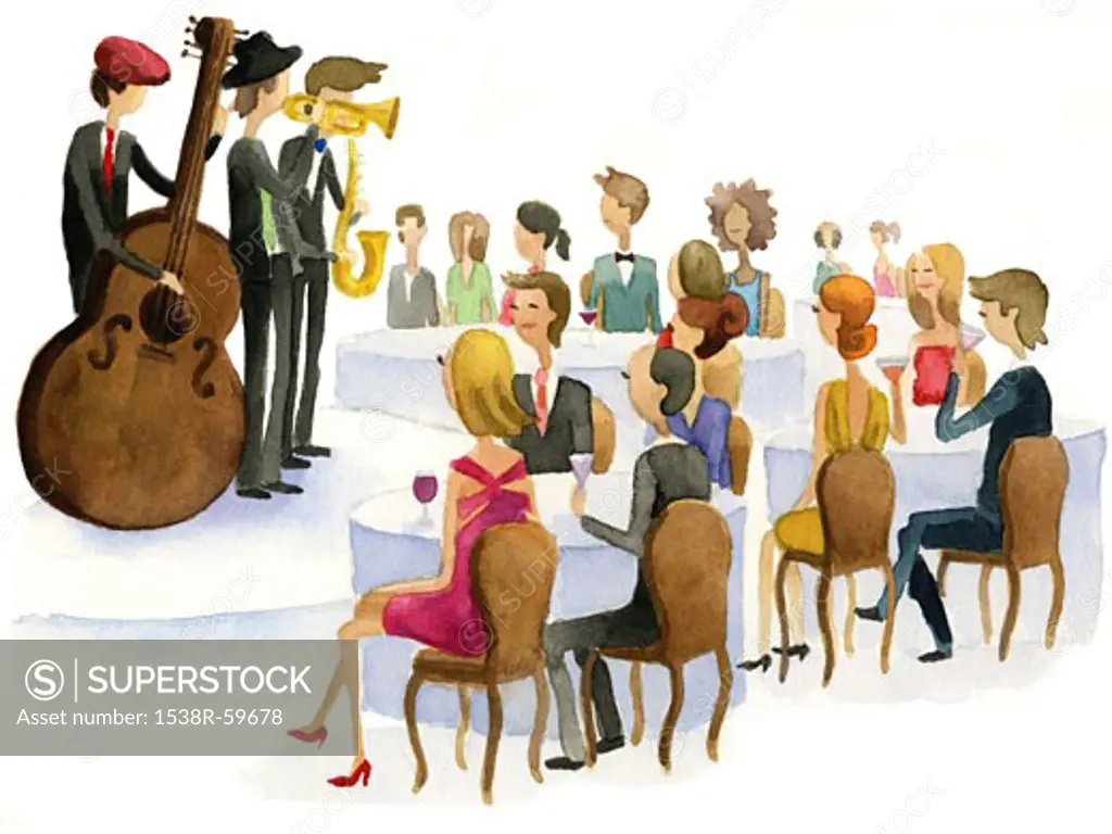 A watercolor illustration of people watching a jazz band perform