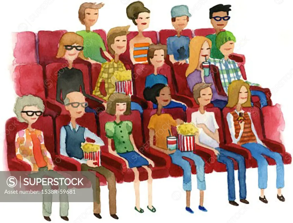 A watercolor illustration of people in a movie theater
