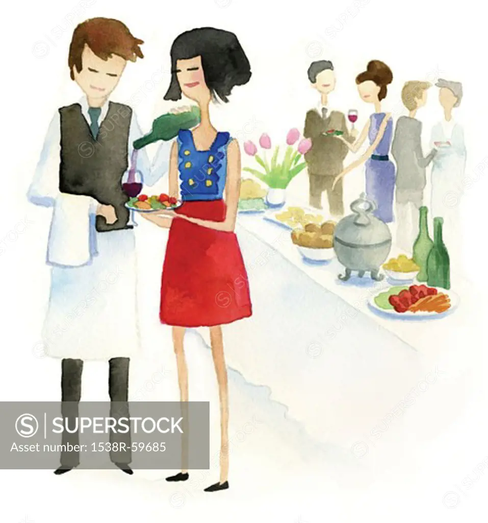 A watercolor illustration of people at a reception