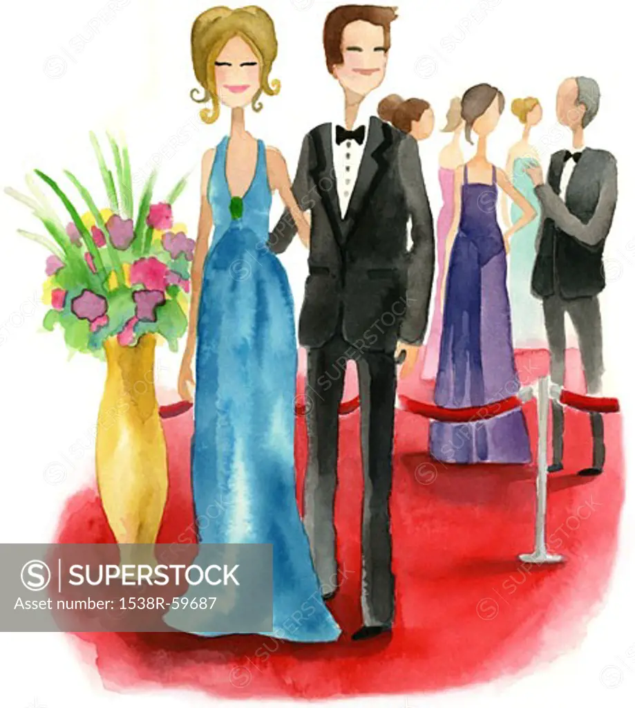 A watercolor illustration of a couple on the red carpet