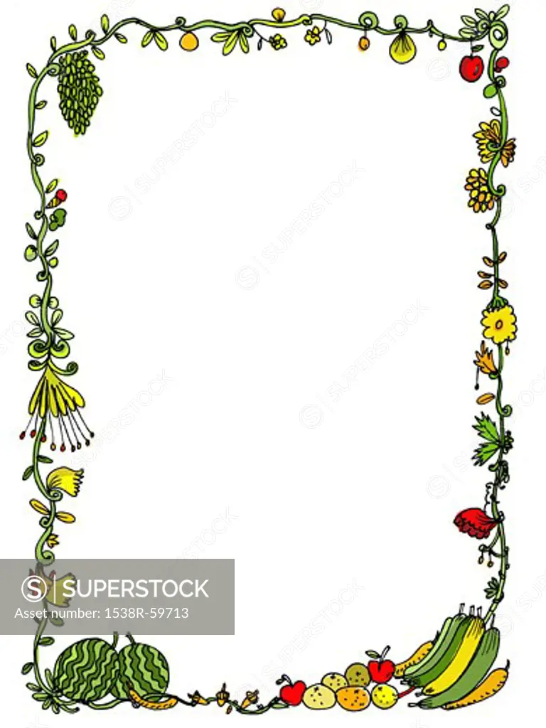 A whimsical frame of fruit and flowers on a vine
