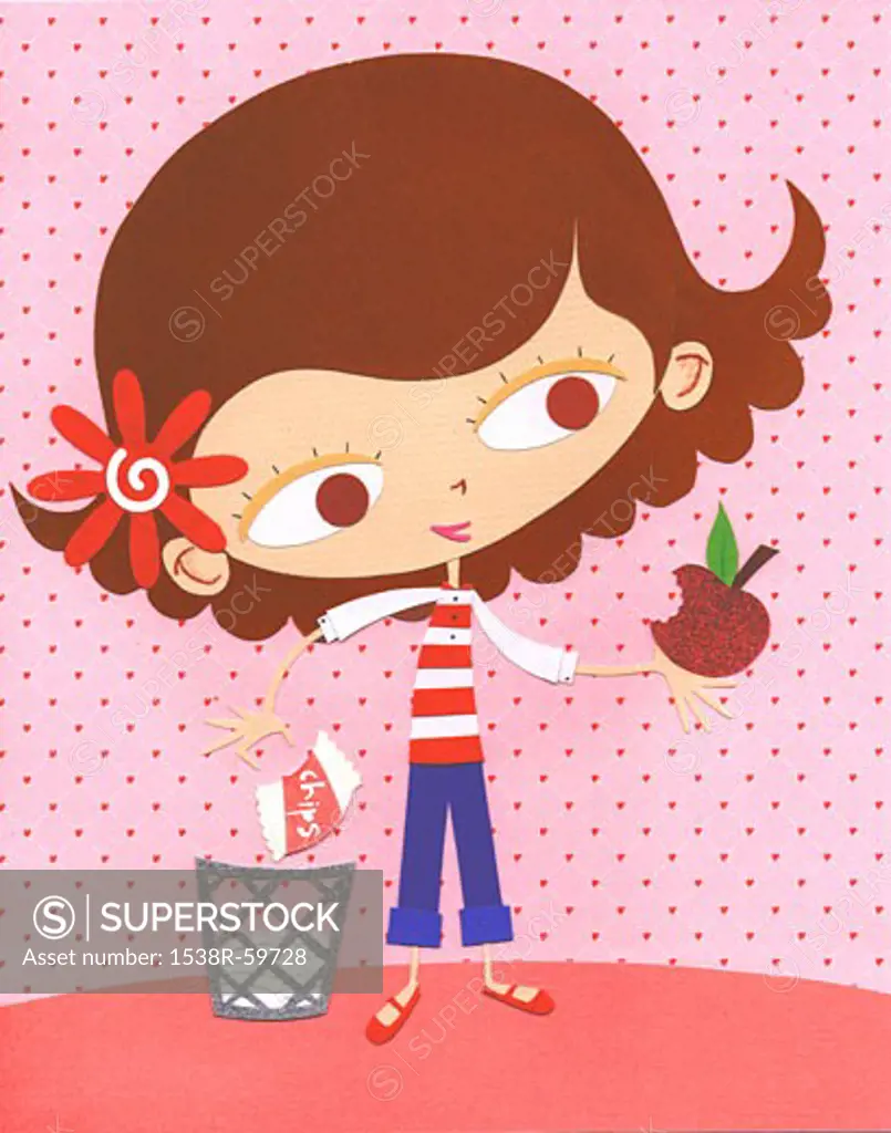 A paper cut illustration of a young girl eating an apple instead of a bag of chips