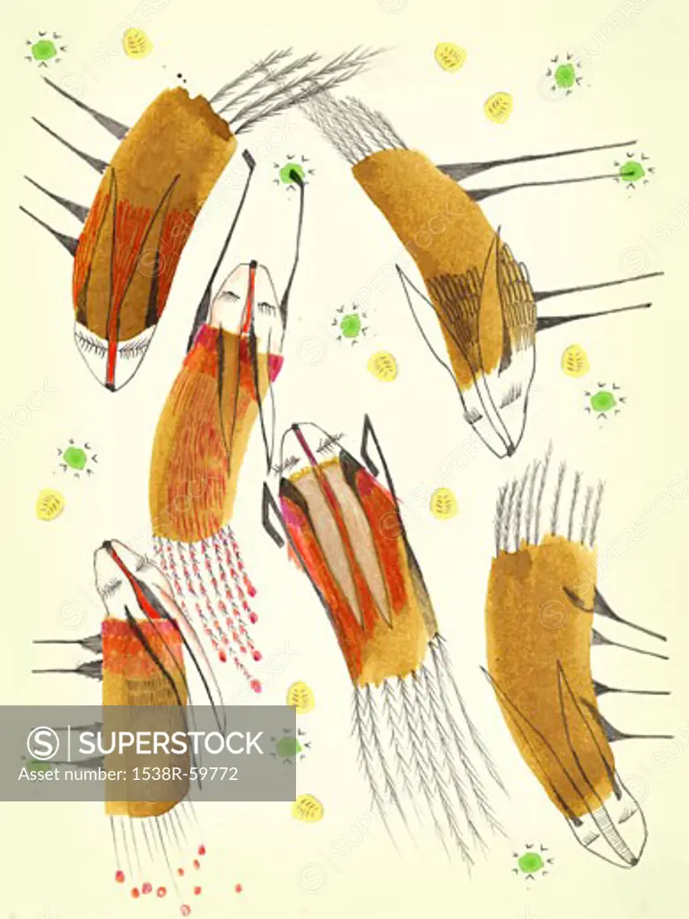 A hand drawn illustration of group of foxes