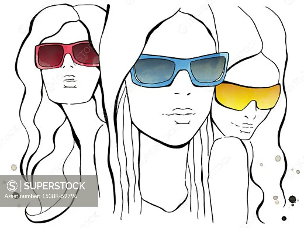 A watercolor illustration of three women in colored sunglasses