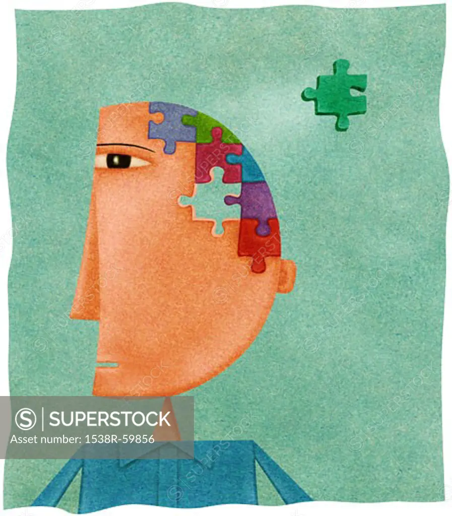 A man with a puzzle on his head and a missing piece