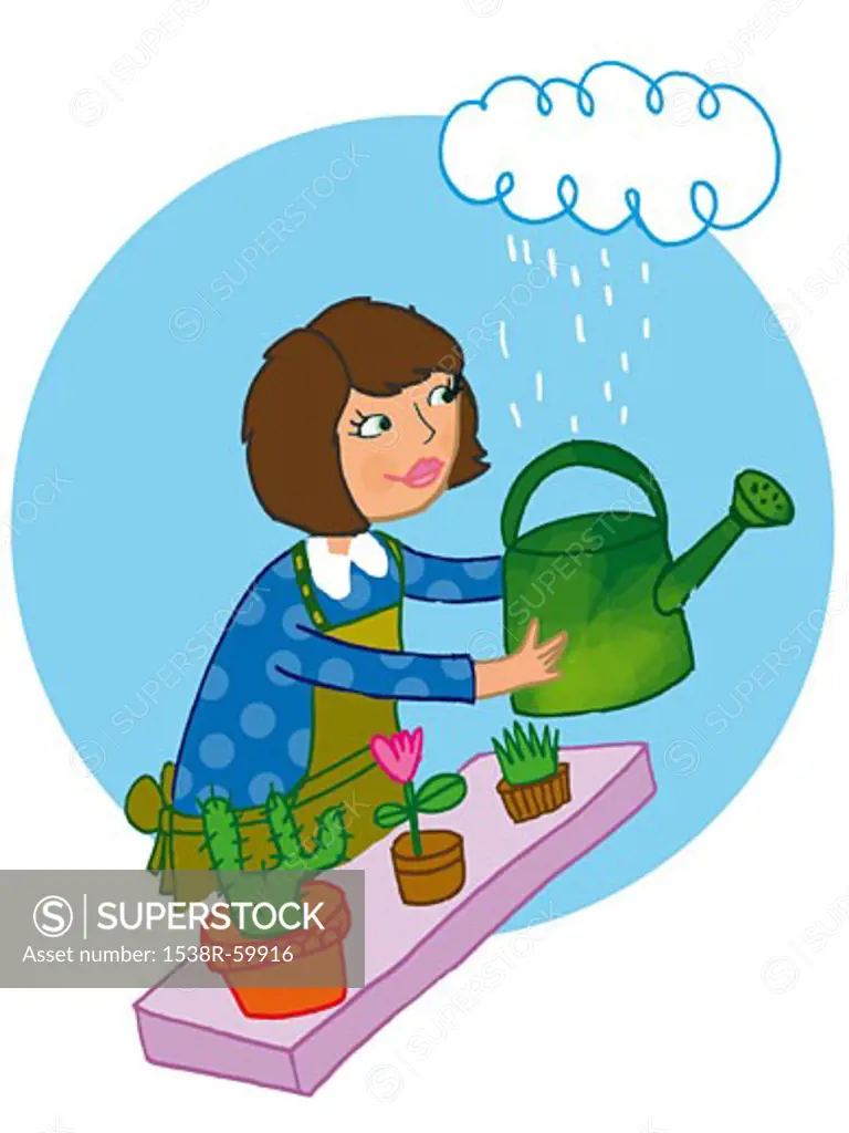 A woman collecting rain water for her plants
