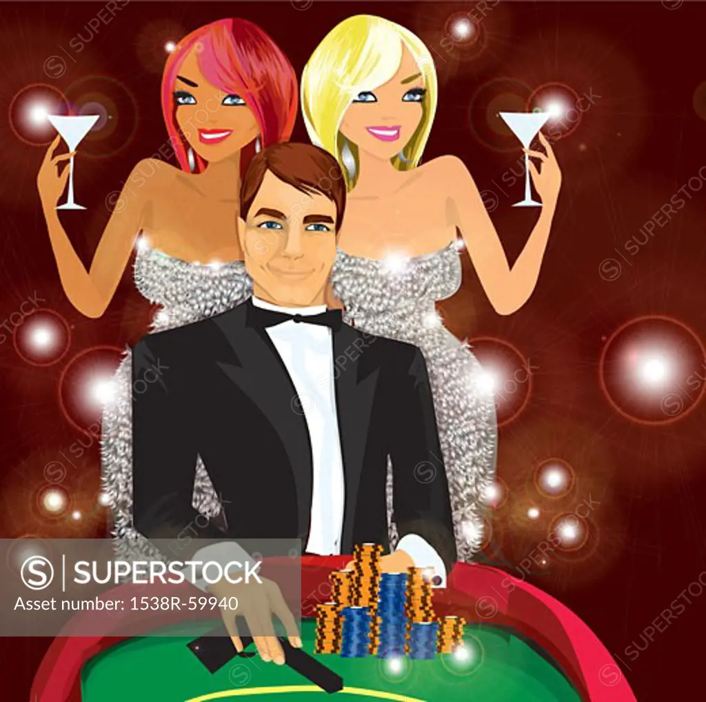 A man with a gun and poker chips with two beautiful woman on either side