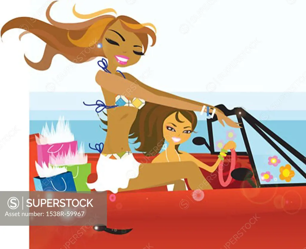 Two girls in bikinis driving a convertable car with their back seat filled with shopping bags