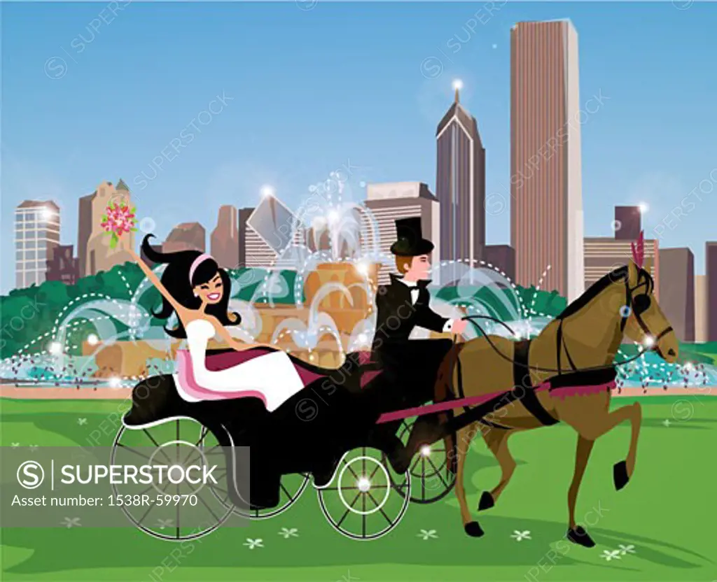 A bride on a horse carriage ride through a city park