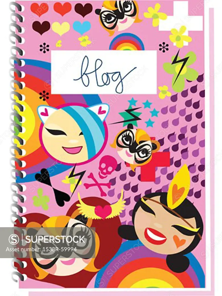 A girls journal covered with stickers and with the word blog written on the cover