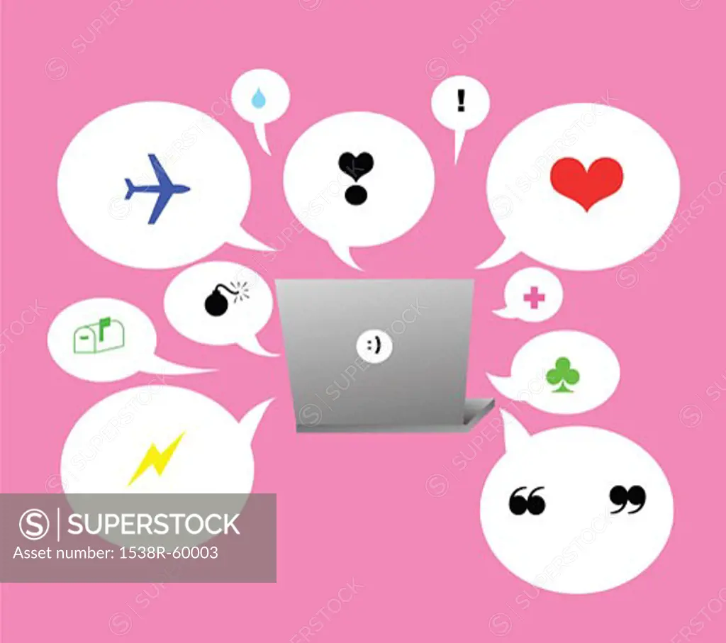 A laptop computer with many speech bubbles containing different symbols