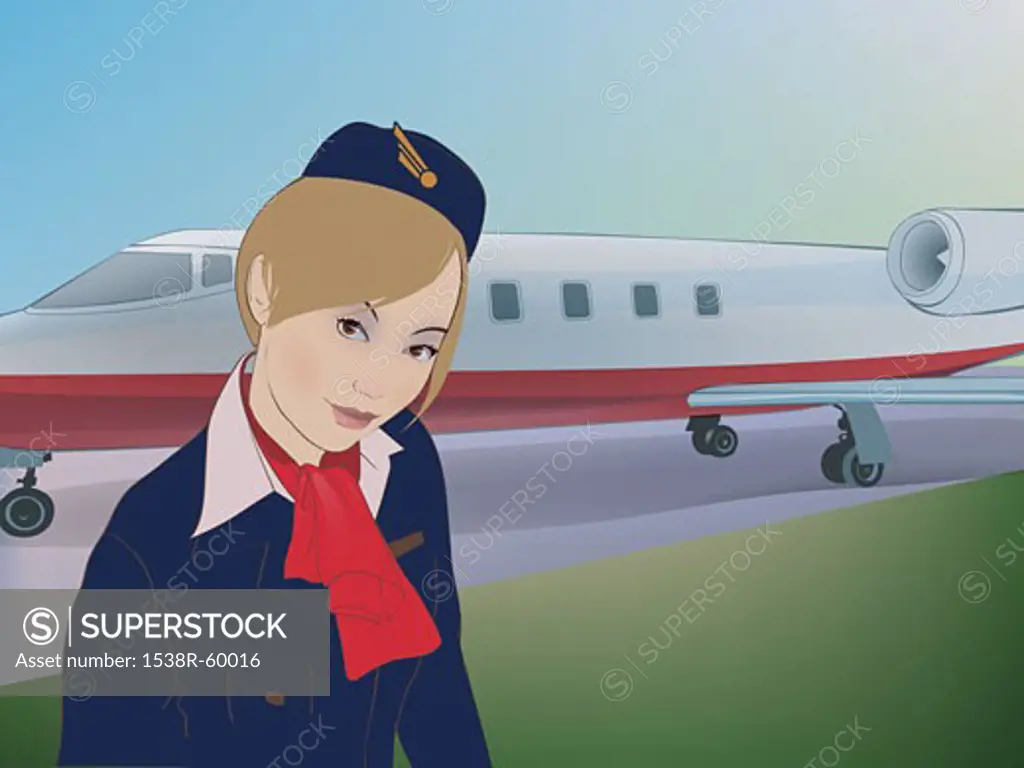 A flight attendant in front of an airplane