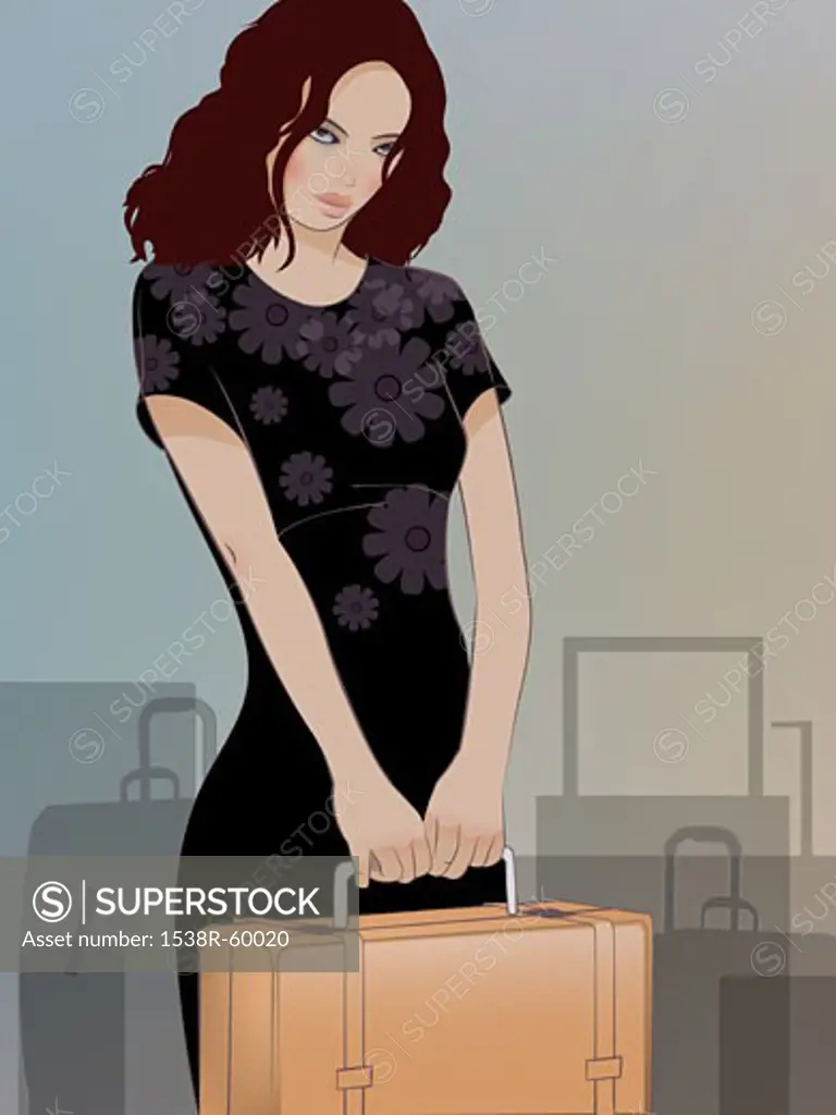 A woman holding a suitcase and luggage behind her