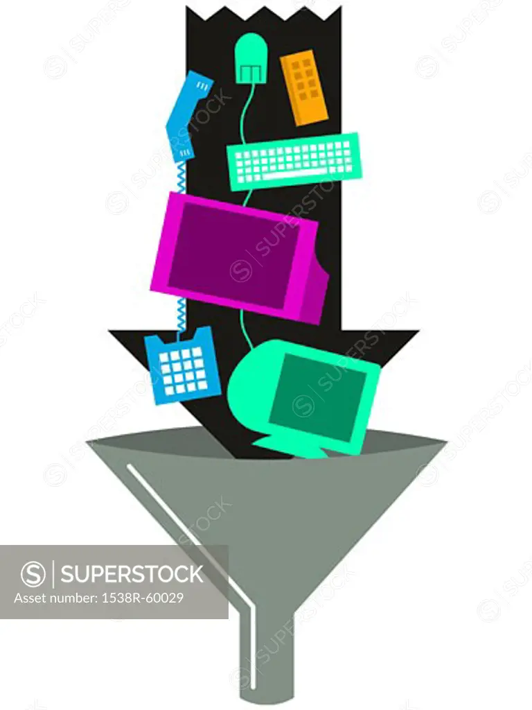 A computer, a television and a telephone falling into a funnel