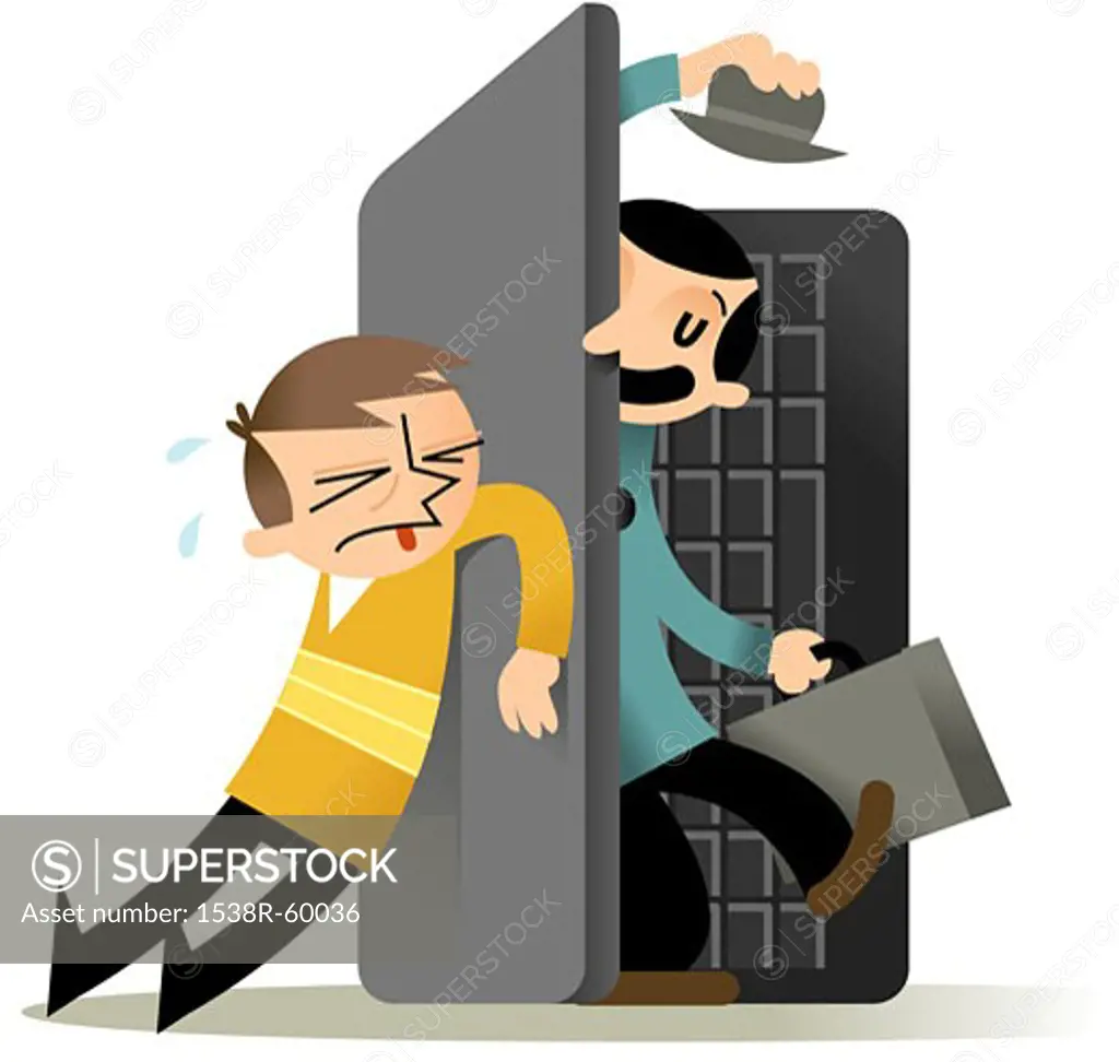 A man trying to keep out a salesman from his computer