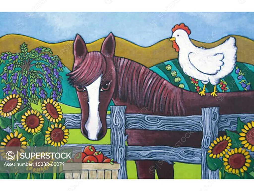 A horse and chicken on a farm in the country
