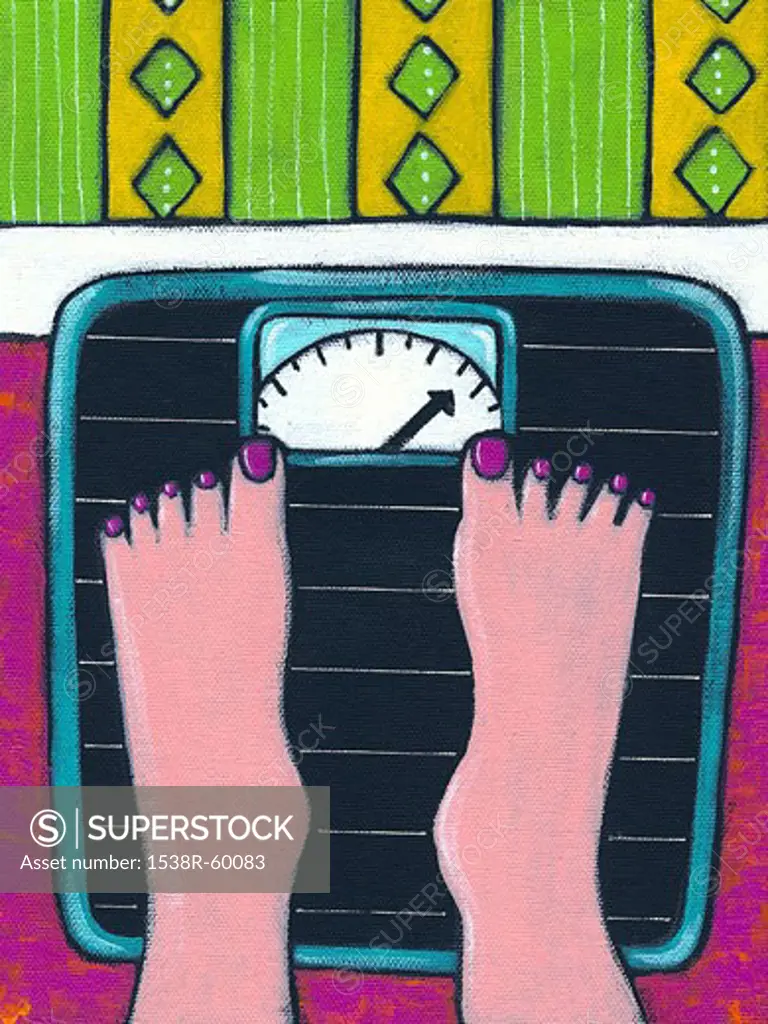 A close up of a womans feet standing on a scale