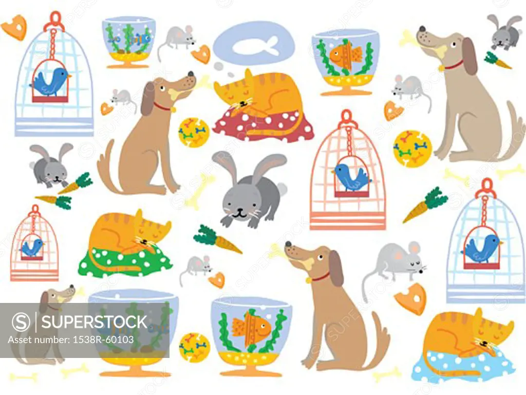 A pattern of pet dogs, cats, rabbits, mice, birds and fish