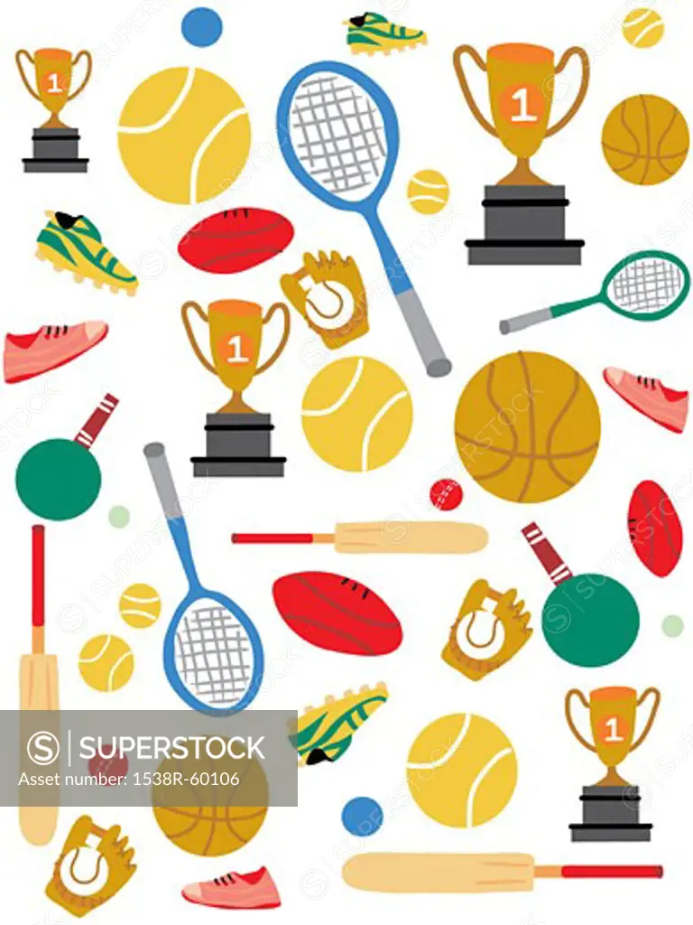 A pattern of sports equipment and trophies