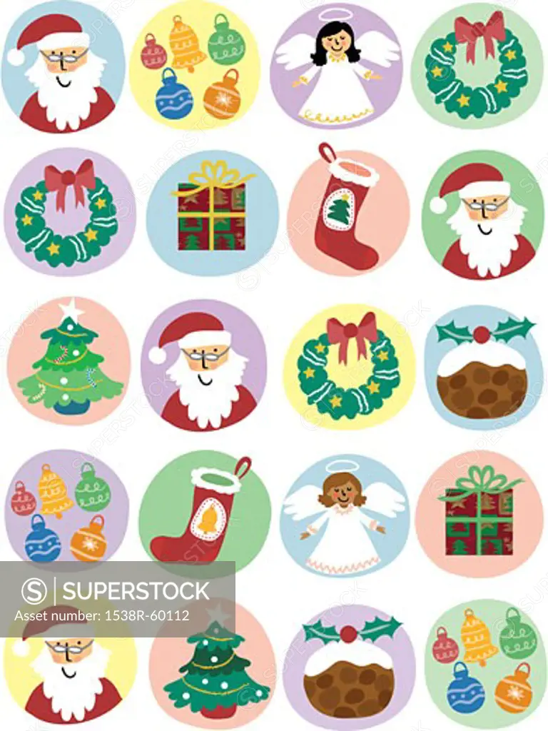 A pattern of Santa, angels, gifts and wreaths for Christmas