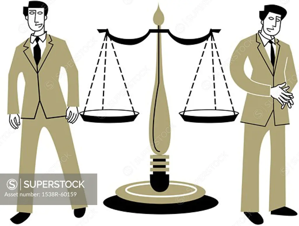 The Scales of Justice with a man standing on either side