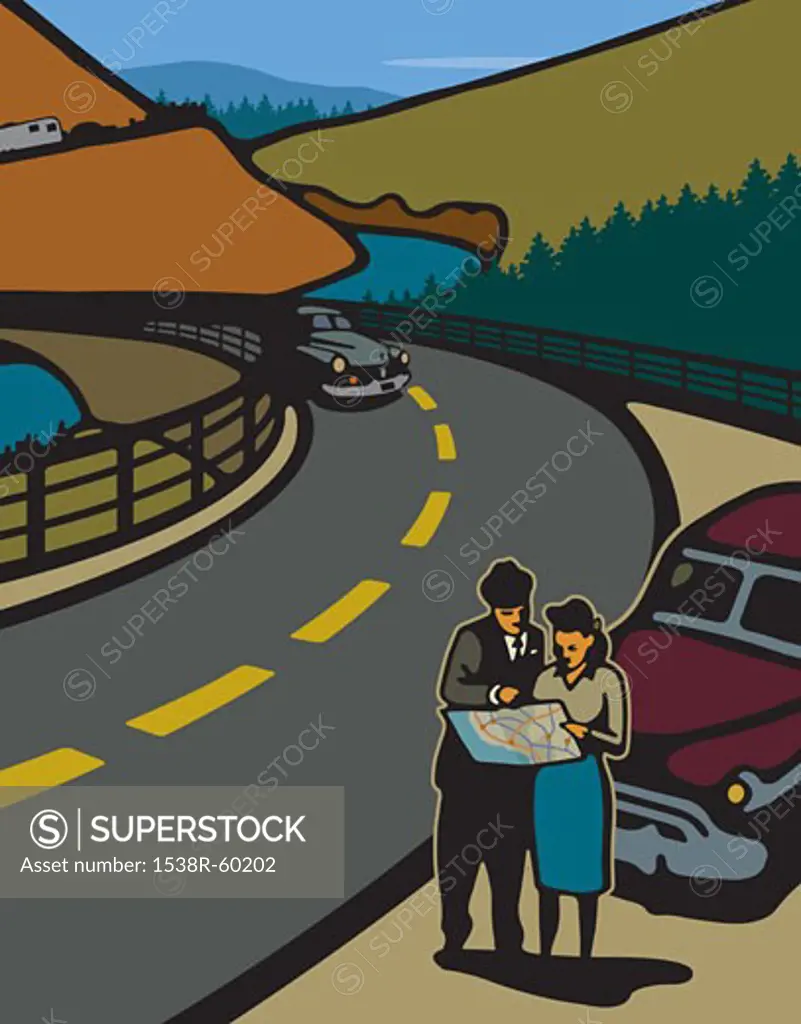 A man and woman looking at a map on the side of the road by a car