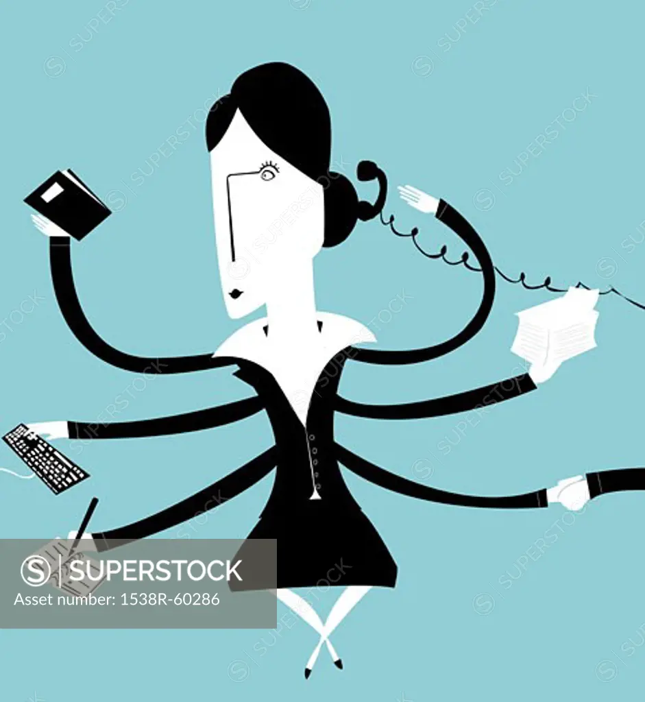 A six armed business woman multi-tasking