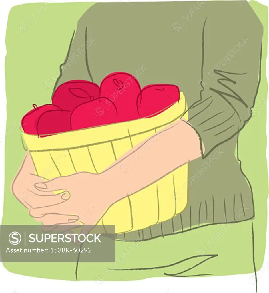 A person holding a basket full of apples