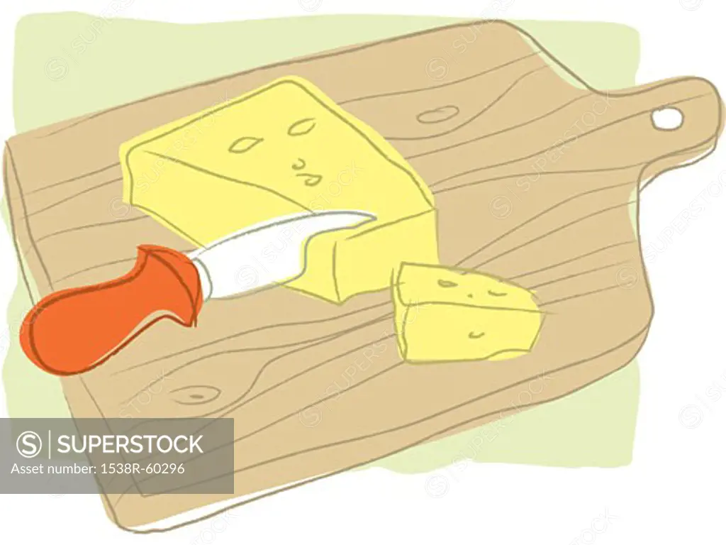 A knife cutting cheese on a wooden chopping board
