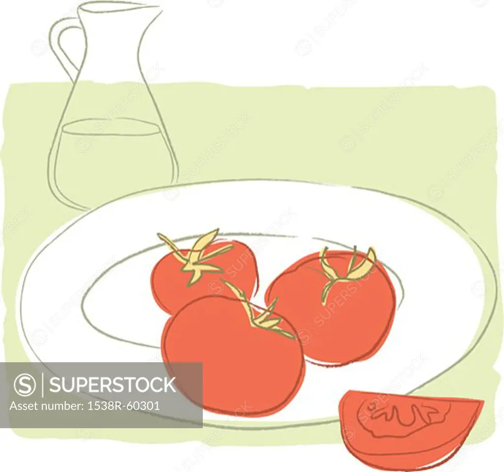 Tomatoes on a plate in front of a jug