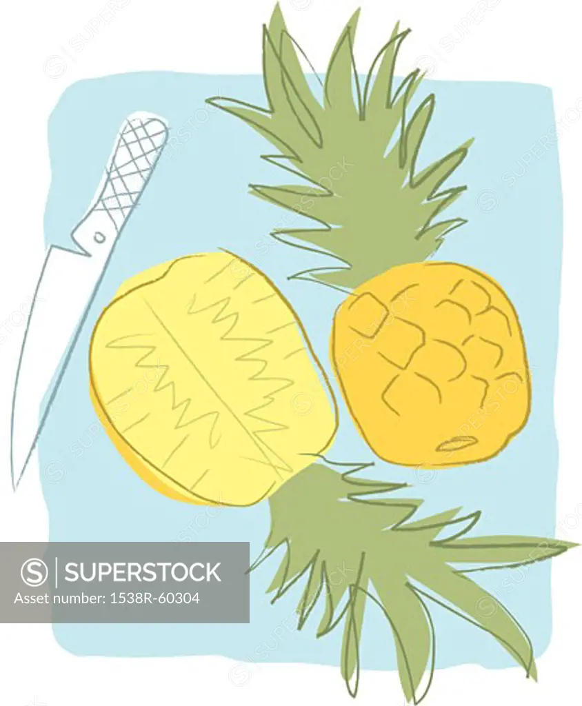 A knife cutting open a pineapple