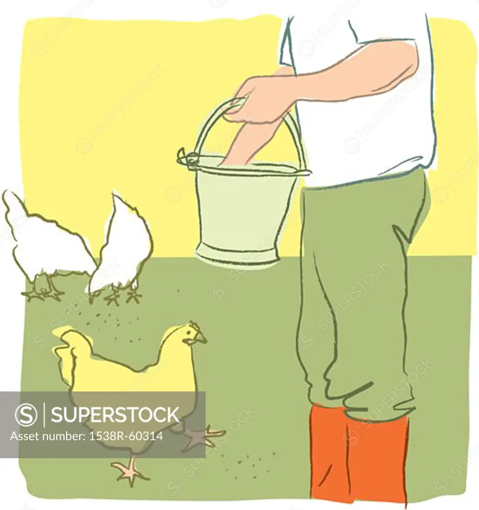 A farmer feeding chickens